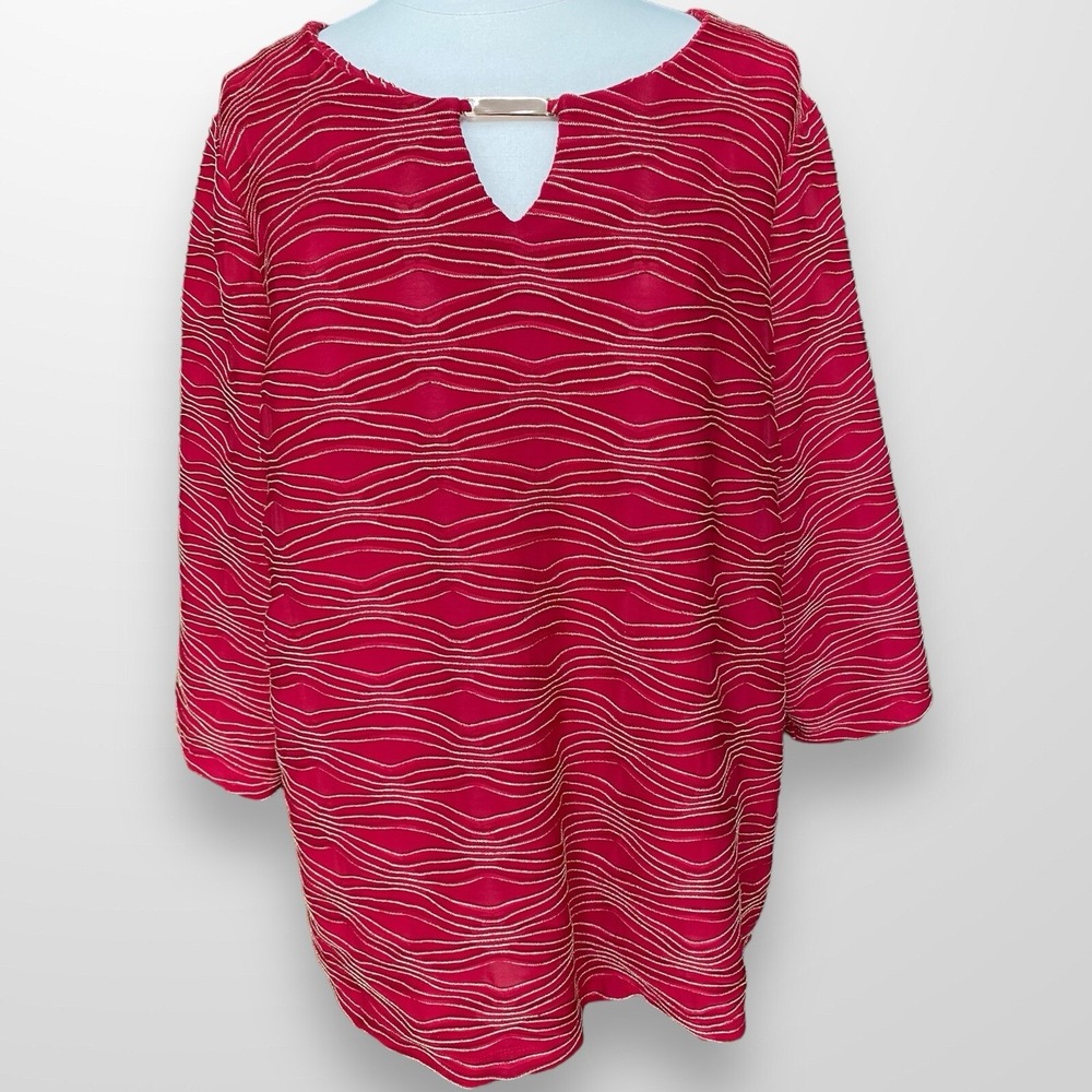 JM Collection 2X Womens Blouse Top Shirt Red Gold Textured Stretch‎ 3/4 Sleeve